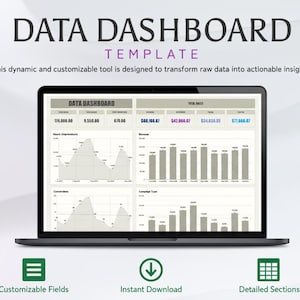 Puede incluir: Un ordenador portátil que muestra una plantilla de panel de datos con gráficos. La pantalla muestra el texto "DATA DASHBOARD TEMPLATE" y "This dynamic and customizable tool is designed to transform raw data into actionable insights." Debajo hay iconos para campos personalizables, descarga instantánea y secciones detalladas.