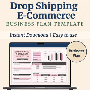 May include: A laptop displays a drop shipping e-commerce business plan template. The screen shows charts and data tables in pink and gray. The text reads "Ultimate Drop Shipping E-Commerce Business Plan Template".