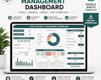 Legal Contract Management Dashboard Template Excel Google Sheets – Contract Tracker, Renewal Alerts, Compliance KPI & Workflow Dashboard