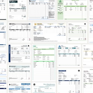 Peut inclure: Une collection de vingt-quatre mod&egrave;les de factures commerciales distincts pr&eacute;sent&eacute;s dans une grille. Chaque document comporte des champs structur&eacute;s pour les informations de facturation, les listes d'articles, la quantit&eacute; et les totaux.