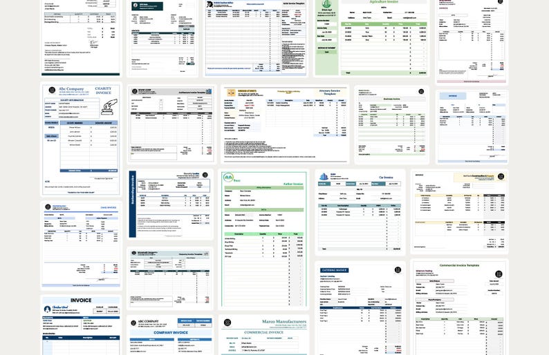 Peut inclure: Une collection de vingt-quatre mod&egrave;les de factures commerciales distincts pr&eacute;sent&eacute;s dans une grille. Chaque document comporte des champs structur&eacute;s pour les informations de facturation, les listes d'articles, la quantit&eacute; et les totaux.