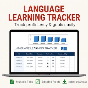 May include: A laptop displays a "LANGUAGE LEARNING TRACKER" with a chart and data table. The text reads "Track proficiency & goals easily." Features include multiple tabs, editable fields, and instant download.