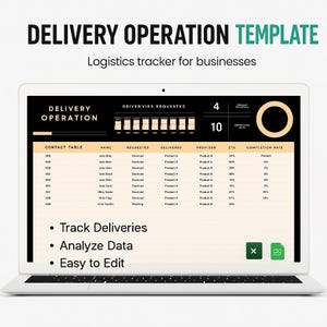 May include: A laptop screen displays a delivery operation template. The screen shows a table with columns for contact information, delivery details, and completion rates. Text on the screen includes "Track Deliveries," "Analyze Data," and "Easy to Edit."