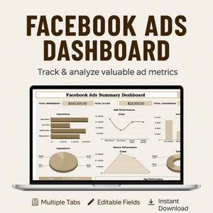 Op de afbeelding: Een laptop met een Facebook Ads Dashboard met grafieken en diagrammen. Het scherm toont datavisualisaties voor advertentiemetrieken, waaronder impressies, klikken en conversies. De tekst "FACEBOOK ADS DASHBOARD" staat bovenaan. Onderaan staat "Multiple Tabs".