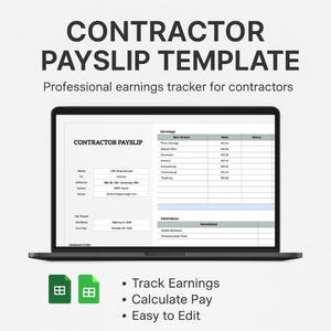 May include: A laptop displays a "CONTRACTOR PAYSLIP TEMPLATE" with a professional earnings tracker. The screen shows a payslip layout with sections for earnings and deductions. Text below the laptop reads: "Track Earnings, Calculate Pay, Easy to Edit."