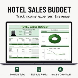 Puede incluir: Una pantalla de portátil muestra una hoja de cálculo "HOTEL SALES BUDGET". La pantalla muestra gráficos y tablas de datos para el seguimiento de ingresos, gastos e ingresos. La imagen también incluye iconos para múltiples pestañas, campos editables y descarga instantánea.