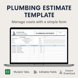 Könnte beinhalten: Ein Laptop zeigt eine Vorlage für einen Kostenvoranschlag für Sanitärarbeiten. Der Bildschirm zeigt ein Formular mit Feldern für Dienstleister, Kostenschätzungen und Arbeitsdetails. Der Text "PLUMBING ESTIMATE TEMPLATE" ist oben zu sehen. Mehrere Tabs und editierbare Felder.