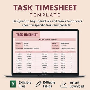 Op de afbeelding: Een laptop toont een sjabloon voor een urenstaat. Het scherm toont een roze en witte spreadsheet met kolommen voor datum, product, beschrijving, start- en eindtijden en gewerkte uren. De tekst "TASK TIMESHEET" staat bovenaan. Pictogrammen voor bewerkbare bestanden en direct downloaden.