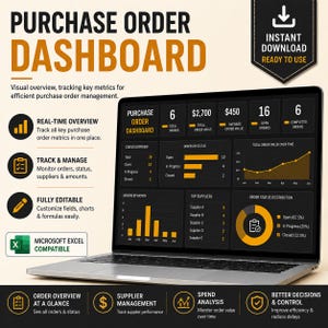 May include: A digital purchase order dashboard displayed on a laptop screen, featuring data visualisations, charts, and metrics for tracking orders, supplier performance, and order values. The interface uses a dark theme with orange accents.