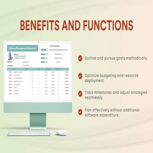May include: A computer monitor displays a software development estimation document. The screen shows project details and a list of tasks. Text at the top reads "BENEFITS AND FUNCTIONS" with bullet points outlining goals, budgeting, milestones, and expenditure.