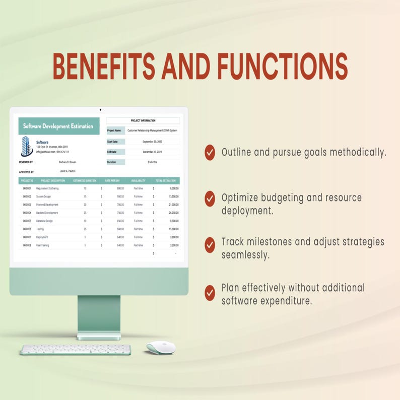 May include: A computer monitor displays a software development estimation document. The screen shows project details and a list of tasks. Text at the top reads "BENEFITS AND FUNCTIONS" with bullet points outlining goals, budgeting, milestones, and expenditure.