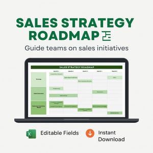 May include: A laptop displays a "SALES STRATEGY ROADMAP" with a green and white color scheme. The text "Guide teams on sales initiatives" is above the laptop. Below the laptop are icons for "Editable Fields" and "Instant Download".