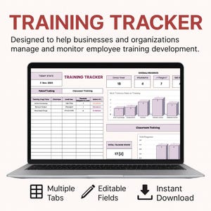 May include: A laptop displaying a "TRAINING TRACKER" template, designed for business employee training management. The screen shows data tables and charts, with the text "Multiple Tabs", "Editable Fields", and "Instant Download" below.