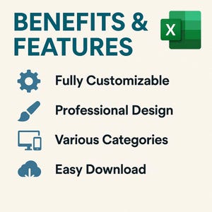 Peut inclure: Un graphique num&eacute;rique intitul&eacute; BENEFITS & FEATURES avec une ic&ocirc;ne Microsoft Excel verte. Il liste quatre points : Fully Customizable avec une ic&ocirc;ne d'engrenage, Professional Design avec un pinceau, Various Categories avec des &eacute;crans, et Easy Download avec un nuage.