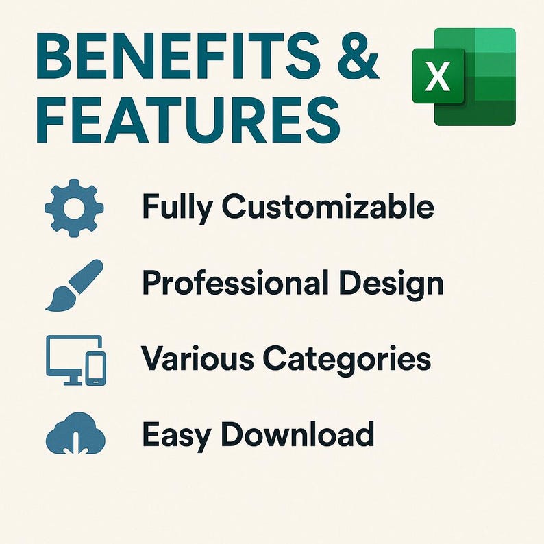 Peut inclure: Un graphique num&eacute;rique intitul&eacute; BENEFITS & FEATURES avec une ic&ocirc;ne Microsoft Excel verte. Il liste quatre points : Fully Customizable avec une ic&ocirc;ne d'engrenage, Professional Design avec un pinceau, Various Categories avec des &eacute;crans, et Easy Download avec un nuage.