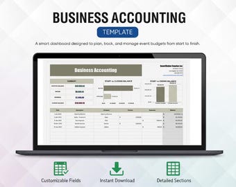 May include: A laptop screen shows a business accounting template with financial data, charts, and tables. The screen displays the title "Business Accounting" and the text "A smart dashboard designed to plan, track, and manage event budgets from start to finish."