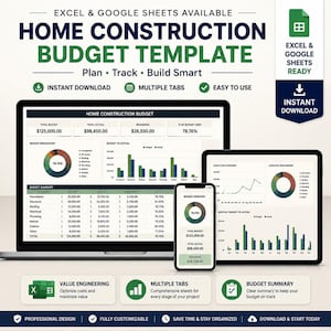 Home Construction Budget Template Excel Google Sheets | House Build Cost Tracker | Residential Project Budget Planner