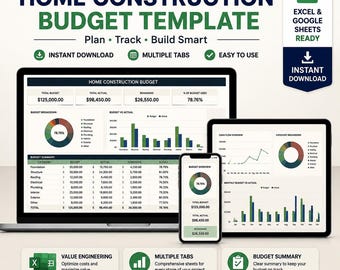 Home Construction Budget Template Excel Google Sheets | House Build Cost Tracker | Residential Project Budget Planner