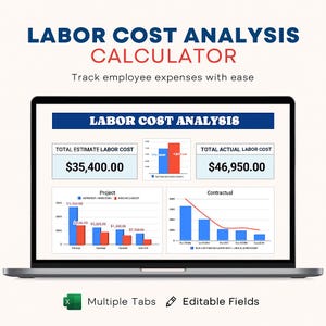 Puede incluir: Una pantalla de portátil muestra una calculadora de análisis de costes laborales. La pantalla muestra gráficos y datos, incluyendo "Coste total estimado de mano de obra" de 35.400,00 € y "Coste total real de mano de obra" de 46.950,00 €. También se ve el texto "Múltiples pestañas" y "Campos editables".