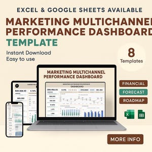 Puede incluir: Un ordenador portátil, una tableta y un smartphone muestran una plantilla de panel de rendimiento multicanal de marketing. La imagen incluye el texto "Excel & Google Sheets Available", "Instant Download" y "Easy to use". La imagen también incluye el texto "8 Templates".