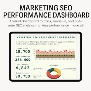 May include: A digital tablet displays a "MARKETING SEO PERFORMANCE DASHBOARD." The dashboard shows SEO metrics, including total clicks, impressions, bounces, and sessions. A visual dashboard to track, measure, and optimise SEO metrics.