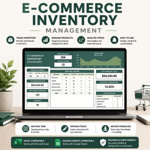 Op de afbeelding: Een laptopscherm met een dashboard voor e-commerce voorraadbeheer, inclusief gegevenstabellen, een lijngrafiek en voorraadstatistieken. De interface toont secties voor het totaal aantal producten, voorraadwaarde en lage voorraadmeldingen.