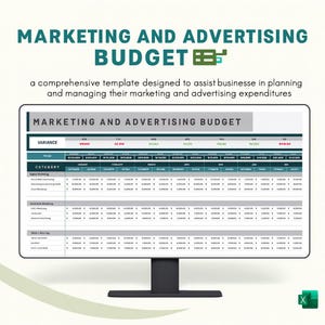 May include: A computer monitor displays a marketing and advertising budget template. The screen shows a spreadsheet with categories and financial data. The text "MARKETING AND ADVERTISING BUDGET" is at the top, with additional text below.