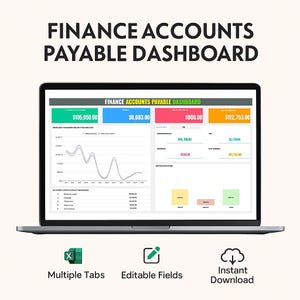 May include: A laptop screen displaying a "FINANCE ACCOUNTS PAYABLE DASHBOARD" with financial data in green, blue, red, and orange boxes. The screen also shows a graph and the text "Multiple Tabs", "Editable Fields", and "Instant Download".