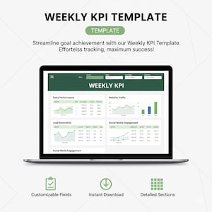 Puede incluir: Un portátil que muestra una "WEEKLY KPI TEMPLATE" con gráficos de ventas, tráfico web, generación de leads y participación en redes sociales. Incluye campos personalizables, descarga instantánea y secciones detalladas.