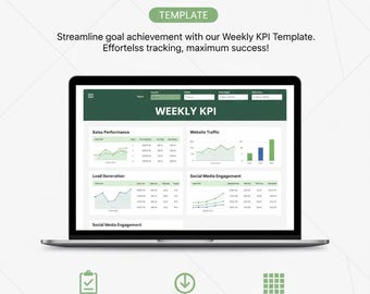 May include: A laptop displaying a "WEEKLY KPI TEMPLATE" with charts and graphs for sales, website traffic, lead generation, and social media engagement. The template includes customizable fields, instant download, and detailed sections.