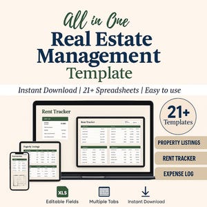 May include: A digital real estate management template displayed on a laptop, tablet, and phone. The template includes rent tracking, property listings, and expense log features. The image also highlights the availability of 21+ spreadsheets and instant download.