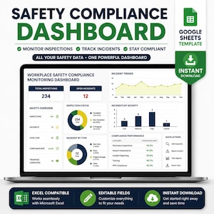 May include: A digital safety compliance dashboard displayed on a laptop screen, featuring data visualisations including line graphs, bar charts, and pie charts. The interface tracks workplace inspections, incident trends, and compliance performance metrics.