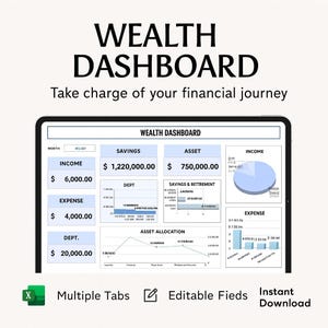 Wealth Dashboard Excel Template | Personal Finance Tracker Google Sheets Budget Net Worth Stocks
