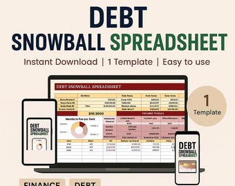 May include: A digital debt snowball spreadsheet template displayed on a laptop, tablet, and smartphone. The spreadsheet is designed for Excel and Google Sheets. The image includes the words "Debt Snowball Spreadsheet", "Finance", "Debt", and "Tracker".