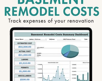 Basement Remodel Cost Template | Home Renovation Budget Planner | Remodeling Expense Tracker Excel | Home Improvement Estimator