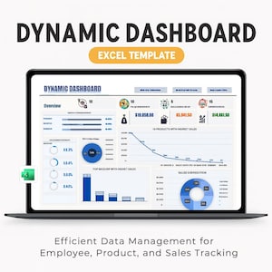 May include: A laptop screen shows an Excel template labelled "DYNAMIC DASHBOARD". The display includes charts, graphs, and financial data, such as sales figures and percentages. The text on the screen reads "Efficient Data Management for Employee, Product, and Sales Tracking."