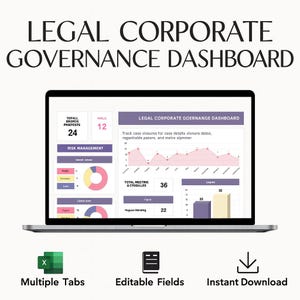 May include: A laptop displaying a legal corporate governance dashboard. The screen shows charts, graphs, and data visualizations. The text includes "Legal Corporate Governance Dashboard", "Multiple Tabs", "Editable Fields", and "Instant Download".