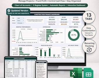 Construction Accounting Dashboard Template | Construction Budget Spreadsheet | Expense Tracker | Project Cost Tracking | Excel Template
