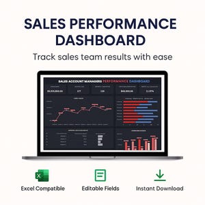 Puede incluir: Una computadora portátil muestra un panel de rendimiento de ventas con visualizaciones de datos. La pantalla muestra gráficos y datos numéricos, incluidos cifras de ventas y porcentajes. El texto en la pantalla dice "SALES PERFORMANCE DASHBOARD" y "Track sales team results with ease."