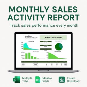 May include: A laptop displaying a "MONTHLY SALES ACTIVITY REPORT" with charts and graphs. The screen shows sales data, including a pie chart and bar graphs. The text "Track sales performance every month" is above the laptop. Icons for multiple tabs, editable fields, and instant download are below.