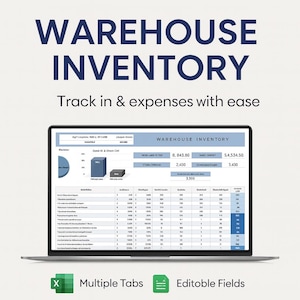 May include: A laptop displaying a "Warehouse Inventory" spreadsheet. The screen shows data tables and charts, with the text "Track in & expenses with ease" above. Features include multiple tabs and editable fields.