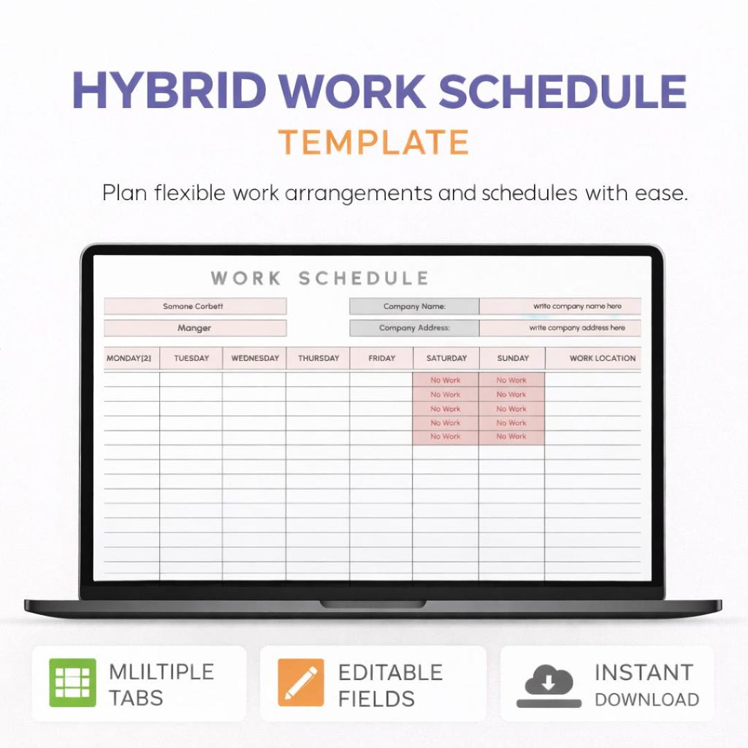 Hybrid Work Schedule Excel | Hybrid Work Planner Spreadsheet | Remote