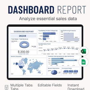 May include: A digital dashboard report displayed on a tablet, showcasing sales data analysis. The screen features charts, graphs, and text, including "Dashboard Report" and "2023 II." Additional text includes "Multiple Tabs," "Editable Fields," and "Instant Download."