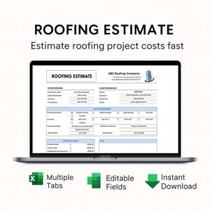 Peut inclure: Un ordinateur portable affiche un formulaire d'estimation de toiture. L'écran présente un formulaire détaillé avec des sections pour les coordonnées, les classifications et les ventilations des coûts. L'image comprend également des icônes pour plusieurs onglets, des champs modifiables et un téléchargement instantané.