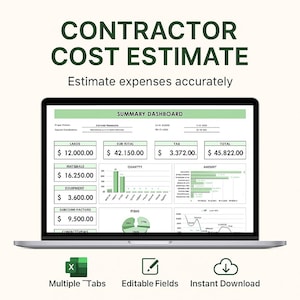 Könnte beinhalten: Ein Laptop mit einer Kostenschätzung für Bauunternehmer und einem Übersichts-Dashboard. Der Bildschirm zeigt Finanzdaten, einschließlich Zwischensummen, Steuern und Gesamtbeträge. Der Text "Estimate expenses accurately" ist ebenfalls enthalten.