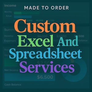 Könnte beinhalten: Eine türkisfarbene Grafik mit den Worten "Custom Excel And Spreadsheet Services" in Orange, Grün, Blau und Lila. Der Text "Made to Order" steht oben. Das Bild hat ein Finanzthema mit Diagrammen und Zahlen.