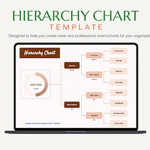 以下が含まれることがあります： 「HIERARCHY CHART TEMPLATE」のテキストが表示された階層図テンプレートがノートパソコンに表示されています。図は茶色と白の配色で、接続されたボックスと「John Doe」という名前が特徴です。ノートパソコンは白い表面にあります。