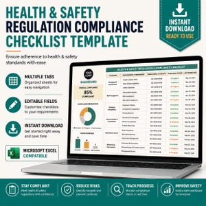 May include: A digital health and safety regulation compliance checklist template displayed on a laptop screen. The interface features a dashboard with an 85% compliance rate, a donut chart, and a detailed table listing ISO 45001:2018 requirements.