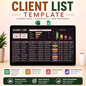 Peut inclure: Un modèle de liste de clients numérique affiché sur un écran, présentant un tableur avec des colonnes pour le nom du client, le contact, l'e-mail, le téléphone, le projet, le statut et les dates. Inclut des graphiques et des icônes Excel et Google Sheets.