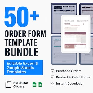 Peut inclure: Une image promotionnelle pour un pack de modèles de formulaires de commande contenant plus de 50 modèles. L'image montre une tablette affichant un exemple de formulaire, ainsi que d'autres exemples. Le texte comprend "Editable Excel & Google Sheets Templates".